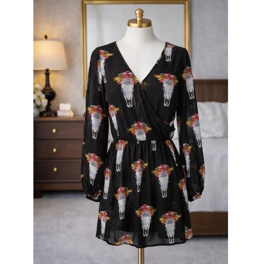 Show Me Your Mumu SMYM‎ Mini Dress Black Cow Skull Floral Chiffon Long Sleeve S